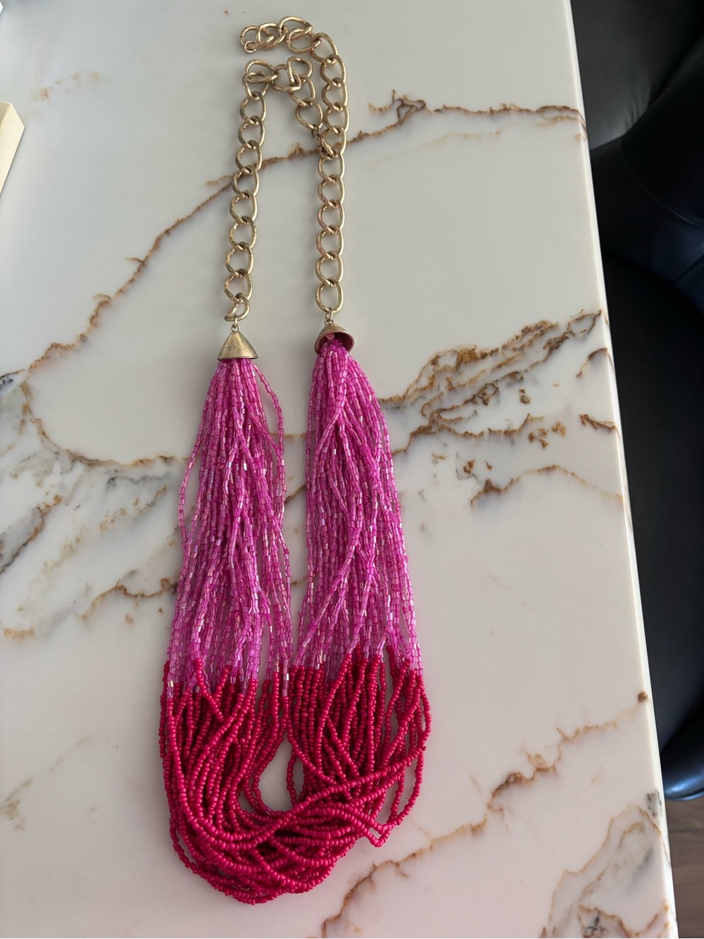 Beaded Two-Tone Pink and Red Tassel Necklace - Gold Chain